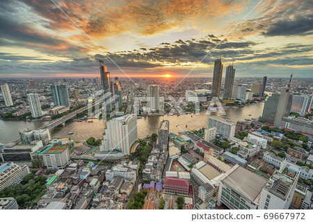 Bangkok Thailand, sunset city skyline at Chao Phraya River and Icon Siam 69667972