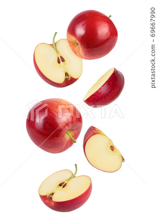 falling Red apple slices isolated on white background, falling Red apple slices isolated on white background, 69667990
