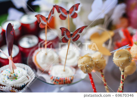 candy bar with cupcakes and lollipops decorated with butterflies candy bar with cupcakes and lollipops decorated with butterflies 69670346