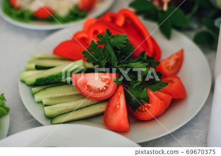 vegetable slicing of tomato, cucumber, pepper with parsley on a plate 69670375