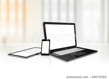 Laptop, mobile phone and digital tablet pc on office desk 69670569