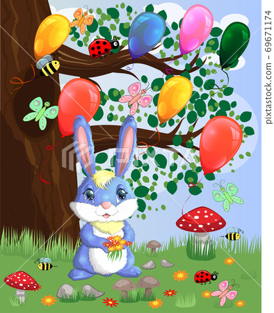 Blue bunny with a bouquet on a forest glade. Spring, Blue bunny with a bouquet on a forest glade. Spring, 69671174