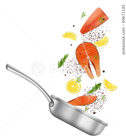 Salmon red fish steaks and pan, vector realistic illustration Salmon red fish steaks and pan, vector realistic illustration 69671185