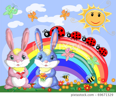 A pair of bunnies, a boy and a girl in a clearing near the rainbow. Spring, postcard 69671329