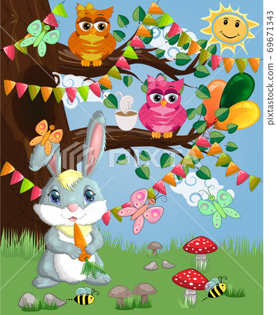 Bunny with a carrot in a forest glade. Spring, postcard 69671343