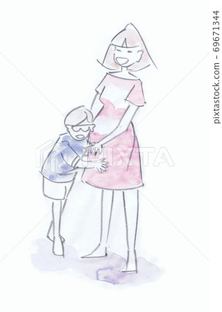 一個孩子和一個孕婦在肚子裡聽嬰兒的聲音的剪影 69671344