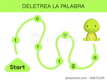 Deletrea la palabra - Spell the word. Maze for kids. Spelling word game template. Learn to read word turtle. Activity page for study Spanish for development of children. Vector stock illustration. 69672200