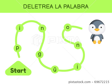 Deletrea la palabra - Spell the word. Maze for kids. Spelling word game template. Learn to read word penguin. Activity page for study Spanish for development of children. Vector stock illustration. Deletrea la palabra - Spell the word. Maze for kids. Spelling word game template. Learn to read word penguin. Activity page for study Spanish for development of children. Vector stock illustration. 69672215