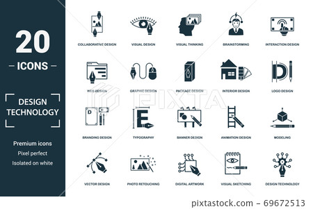 Design Technology icon set. Monochrome sign collection with collaborative design, visual design, visual thinking, brainstorming and over icons. Design Technology elements set. 69672513