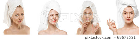 Youth secrets. Beautiful young woman over white background. Cosmetics and makeup, lifting and aging concept. Youth secrets. Beautiful young woman over white background. Cosmetics and makeup, lifting and aging concept. 69672551