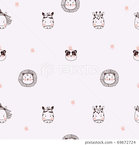 Seamless patterns. Cute decorative portraits of animals. Tropical - lion and panda, zebra and giraffe on a light background. The of textiles, packaging, wallpaper. Vector. outline.Scandinavian design 69672724