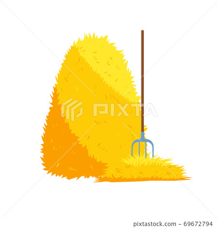 Haystack isolated on white background. Flat vector illustration dried haystack with fork. Farming haymow bale hayloft, agricultural rural haycock Haystack isolated on white background. Flat vector illustration dried haystack with fork. Farming haymow bale hayloft, agricultural rural haycock 69672794