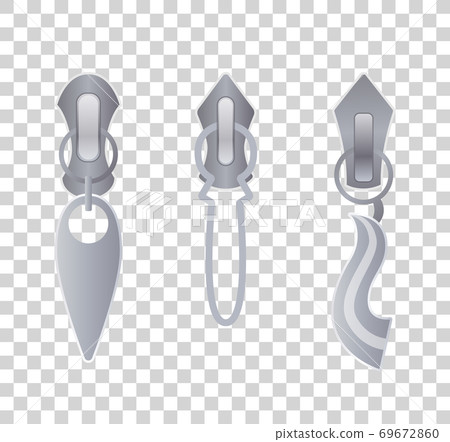 Metal or plastic fasteners, zippers. Fastener and zipper isolated, zippered accessories illustration. Set of silver metallic closed zippers on transparent background 69672860