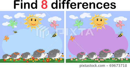 Find the differences between the pictures. Children's educational game. A hedgehog artist on a clearing with a rainbow draws on an easel Find the differences between the pictures. Children's educational game. A hedgehog artist on a clearing with a rainbow draws on an easel 69673718