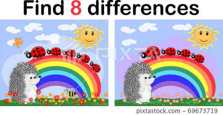 Find the differences between the pictures. Children's educational game. A hedgehog artist on a clearing with a rainbow draws on an easel Find the differences between the pictures. Children's educational game. A hedgehog artist on a clearing with a rainbow draws on an easel 69673719
