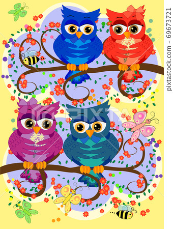 Three cute colorful cartoon owls sitting on tree branch with flowers. Funny sticker of birds on white background. 69673721