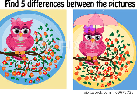 Children games: Find differences. Little cute owl sits on the tree branch. 69673723