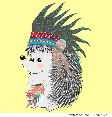 collection of cute and funny Indian animals. A stylized illustration of an Indian hedgehog with feathers 69673745