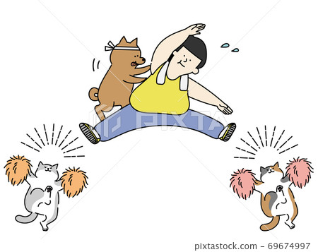 A man stretching, a dog helping, and a cat cheering A man stretching, a dog helping, and a cat cheering 69674997