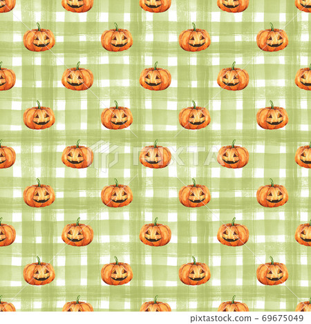Seamless halloween pattern design. Watercolor pumpkins on checkered background Seamless halloween pattern design. Watercolor pumpkins on checkered background 69675049