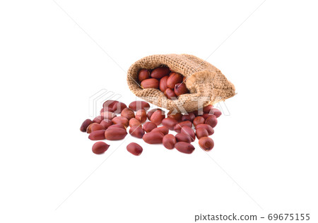 Fresh Peanuts in sack on white background 69675155