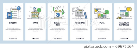 Election. Political party candidate program, poll results, expenses. Mobile app screens, vector website banner template. 69675164