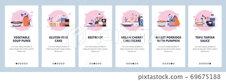 Organic healthy foods, gluten free diet, vegetable dishes. Mobile app screens, vector website banner template. 69675188
