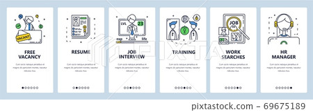Job search, hiring, free vacancy, resume, job interview. Mobile app screens, vector website banner template 69675189