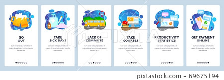 Job perks, benefits for wellbeing, higher productivity of employees. Mobile app screens, vector website banner template. Job perks, benefits for wellbeing, higher productivity of employees. Mobile app screens, vector website banner template. 69675194
