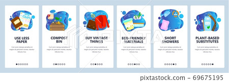 Eco lifestyle, environment protection, save nature. Mobile app onboarding screens, vector website banner template. Eco lifestyle, environment protection, save nature. Mobile app onboarding screens, vector website banner template. 69675195