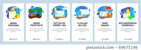 Eco friendly lifestyle. Save environment and energy. Mobile app onboarding screens, vector website banner template. 69675196