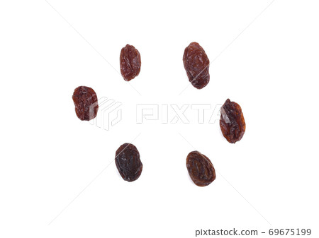 Top view of Dried raisins isolated on white background Top view of Dried raisins isolated on white background 69675199
