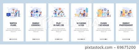 Family time. Parents spending time with kids. Mobile app onboarding screens, vector website banner template. 69675200