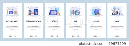 Education online, self development, communication, work, rest, hobby. Mobile app screens, vector website banner template Education online, self development, communication, work, rest, hobby. Mobile app screens, vector website banner template 69675209
