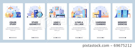 Preschool education games. Kids home training. Study colors, numbers. Mobile app screens, vector website banner template 69675212