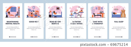 Mental health maintaining tips. Good rest, sleep, psychology therapy. Mobile app screens, vector website banner template 69675214