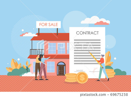 Happy family couple buying new home, signing contract with real estate agent, flat vector illustration. Happy family couple buying new home, signing contract with real estate agent, flat vector illustration. 69675238