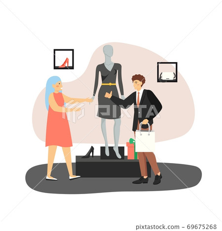 Young man buying gift black dress for his girlfriend in woman clothing store, flat vector illustration Young man buying gift black dress for his girlfriend in woman clothing store, flat vector illustration 69675268