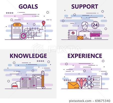 Vector set of banners with goals, support, knowledge, experience concept elements. Thin line flat design symbols and icons for website menu, printing 69675340
