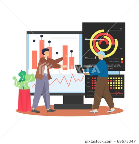Office scene with business people working on computer building dashboard, analysing stats, flat vector illustration Office scene with business people working on computer building dashboard, analysing stats, flat vector illustration 69675347