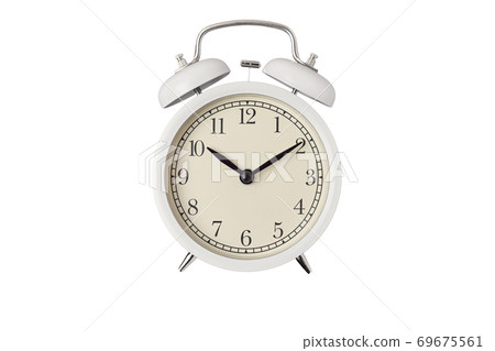 White vintage alarm clock on a white background isolated White vintage alarm clock on a white background isolated 69675561