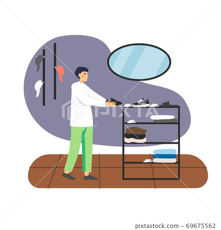 Buyer, male cartoon character shopping for shoes in mens clothing store, flat vector illustration. Buyer, male cartoon character shopping for shoes in mens clothing store, flat vector illustration. 69675562