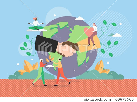 World peace. Planet Earth globe with multiracial handshake, flat vector illustration. 69675566