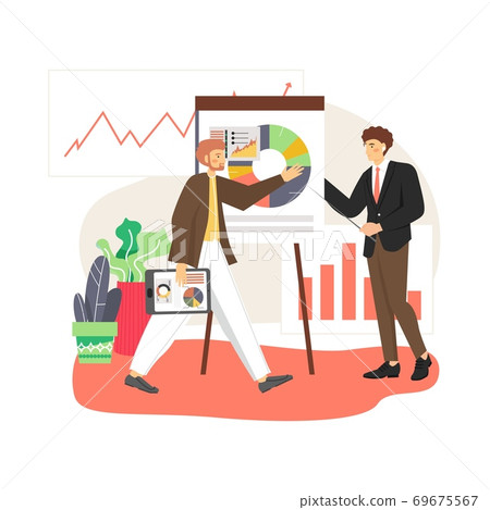 Office scene with business man giving lecture or presentation, flat vector illustration Office scene with business man giving lecture or presentation, flat vector illustration 69675567