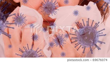 Digital illustration of a woman wiping her nose with a tissue over macro Coronavirus Covid-19 cells 69676074