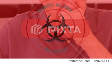 Digital illustration of a person coughing over a hazard sign with a bandage with a sign Virus alert 69676111
