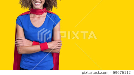 Digital illustration of a woman wearing a cape crossing her hands and smiling Digital illustration of a woman wearing a cape crossing her hands and smiling 69676112