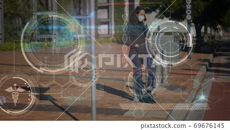 Digital illustration of a woman with a mask talking on a phone over medical icons Digital illustration of a woman with a mask talking on a phone over medical icons 69676145