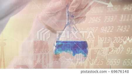 Digital illustration of a person holding a test tube filled with liquid over data processing Digital illustration of a person holding a test tube filled with liquid over data processing 69676148