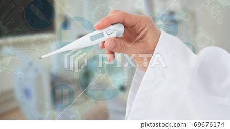 Digital illustration of a doctor holding an electronic thermometer over medical icons 69676174